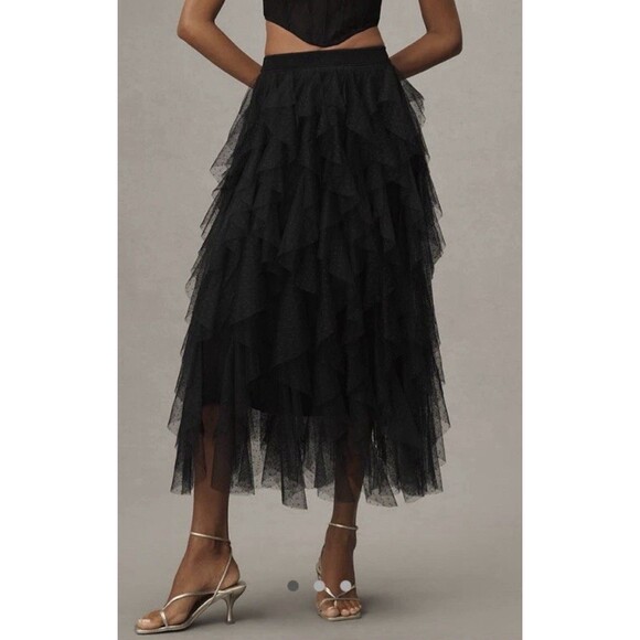 Anthropologie Cheri Ruffled tulle Skirt Black Midi Long Size M NEW NWT $158 - Picture 1 of 5